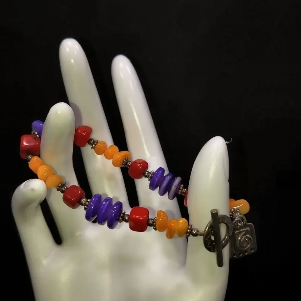 Vintage Gemstone Bracelet, Orange Purple Red Toggle Clasp, 7 3/4 Inches